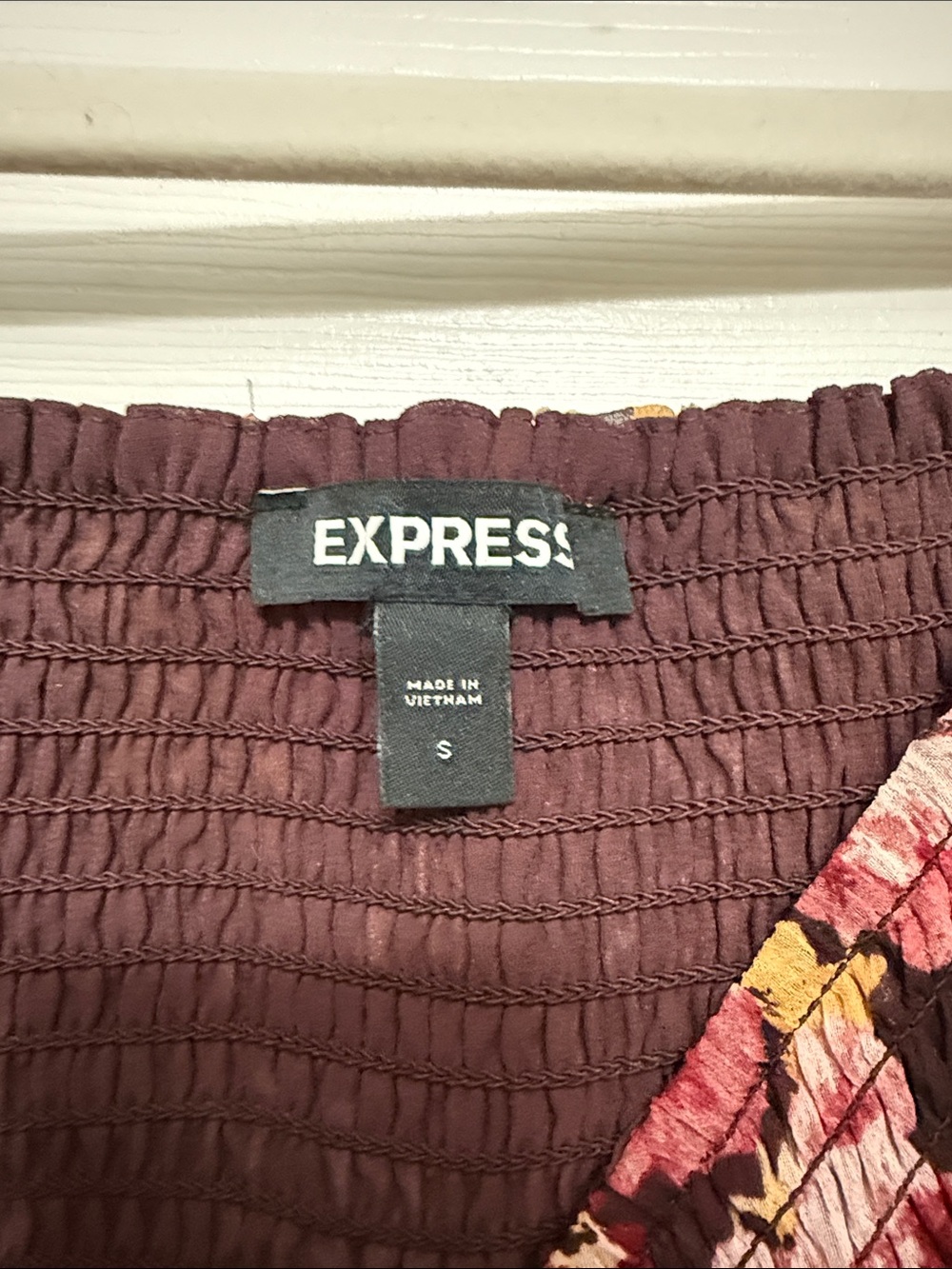 Express Floral Smocked Puff-Sleeve Top in Dark Brown, Pink and Mustard - Picture 2 of 3